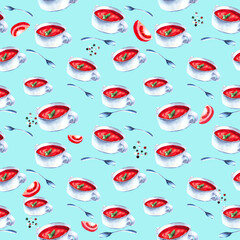Seamless pattern with a plate of tomato soup with tomatoes, peppers and Basil, served with a tablespoon. Watercolor background on the theme of cuisine and food for textiles and Wallpaper.