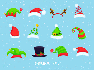 Fototapeta na wymiar Collection of Christmas hats on blue background. Vector illustration in cartoon style. All elements are isolated. Great for prints, decor and web desig.