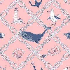 Seamless pattern on a marine theme with sea ropes whales and gulls in a cute Doodle style. Vector.