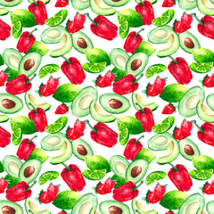 Seamless pattern with juicy fruits of green avocado, lime, red peppers and strawberries. Watercolor background with a beautiful combination of fruits and vegetables on the theme of food and vitamins.