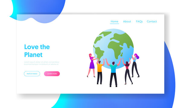World in Hands Landing Page Template. Male and Female Characters Stand in Circle Hold Earth Globe, Save Planet Concept