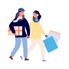 Christmas shopping. Happy couple buy holiday gifts. Isolated flat woman man with bags and present box, family walking from mall vector illustration. Couple christmas with pack gift to holiday