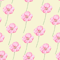 Obraz premium Seamless pattern with pink wildflowers on a light background. Watercolor drawing for textiles, packaging, Wallpaper and backgrounds.