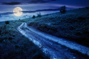 mountain road through grassy meadow at night. wonderful summer adventure in full moon light. clouds...