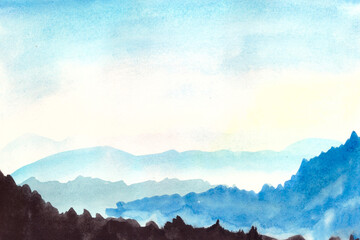 Beautiful mountain landscape of morning sky and rolling mountains far and near. Watercolor illustration with space for text on the theme of the beauty of winter nature.