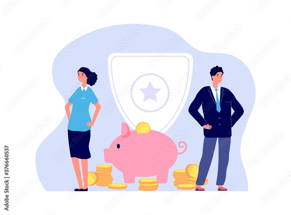 Wall mural money insurance. bank managers, man woman and piggy bank with coins. business safety, investment sec