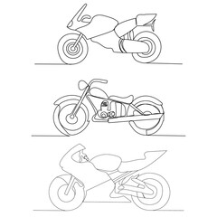 vector, isolated, one line drawing motorcycle, sketch, set