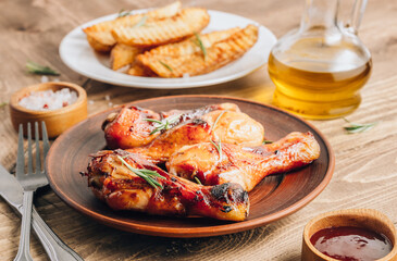 Chicken drumsticks on brown plate and french fries on white plate on wooden table.
