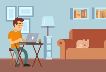Remote work. Freelance, distance learning. Young man sitting at desk with laptop. Student or manager working in living room with sleeping cat on sofa vector illustration. Distance freelance online