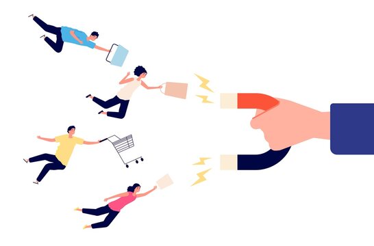 Attraction customers. Client magnet, target advertising concept. Store attract people, flat market audience with carts vector illustration. Magnet target, marketing attract lead