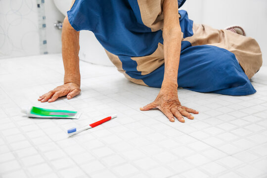 Elderly Woman Falling In Bathroom Because Slippery Surfaces