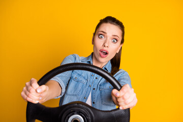 Oh no. Astonished girl drive car hold steering wheel impressed fast speed car crash problem road...
