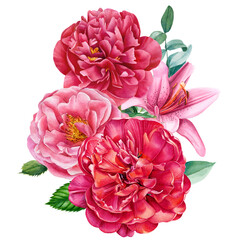Elegant watercolor flowers, bouquet of rose, peony, lily