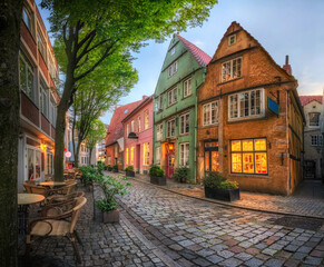 Schnoor - picturesque historic district with cobblestone streets and small colorful houses in...