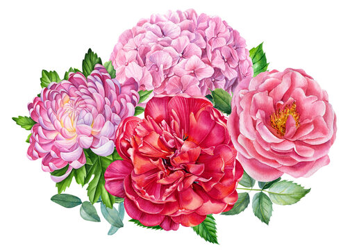 Elegant bouquet of watercolor flowers, roses, hydrangeas, chrysanthemum and eucalyptus leaves