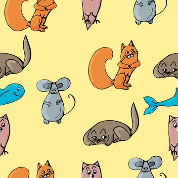 Children's pattern with doodles sparrows, foxes, whales, owls on a yellow background.