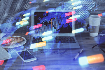 Obraz premium Double exposure of computer and technology theme drawing. Concept of innovation.