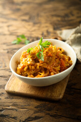 Traditional homemade cabbage stew with bay leaf