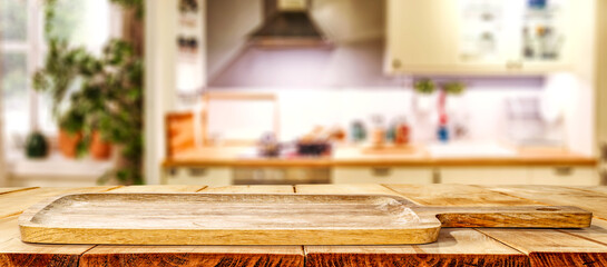 Desk of free space and kitchen interior 