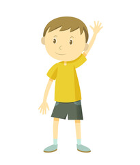 Boy in t-shirt and shorts pulls hand up
