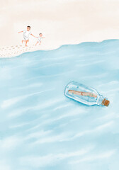 Watercolor Illustration of father and son running hand in hand on the beach, a glass drifting bottle with letter floating in the sea.  © Wenyi