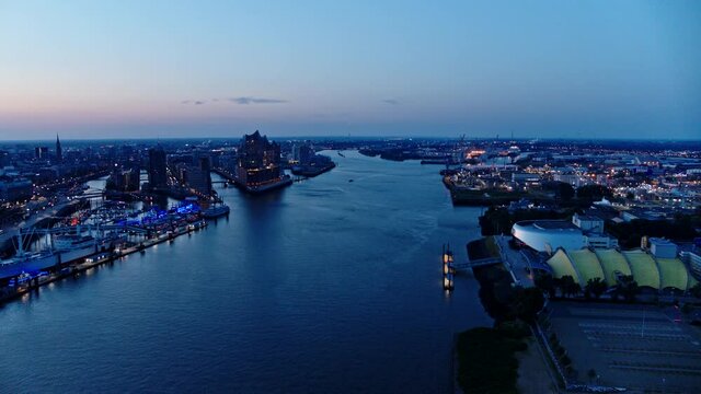 Hamburg cityscape and Elbe River at night, Germany