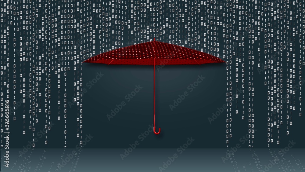 Wall mural data transfer as hanging rows of the binary code in matrix style over a protecting red umbrella - da