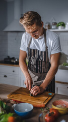 Handsome Man in White Shirt and Apron is Making a Healthy Organic Salad Meal in a Modern Sunny Kitchen. Hipster Man in Glasses Cooking. Natural Clean Diet and Healthy Way of Life Concept.