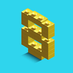 Fototapeta premium yellow number eight from constructor bricks on blue background. 3d number eight