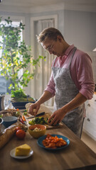 Handsome Man in Pink Shirt and Apron is Making a Healthy Organic Salad Meal in a Modern Sunny Kitchen. Hipster Man in Glasses. Natural Clean Diet and Healthy Way of Life Concept.