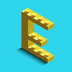 3d isometric letter E of the alphabet from bricks. 3d isometric plastic letter from the blocks