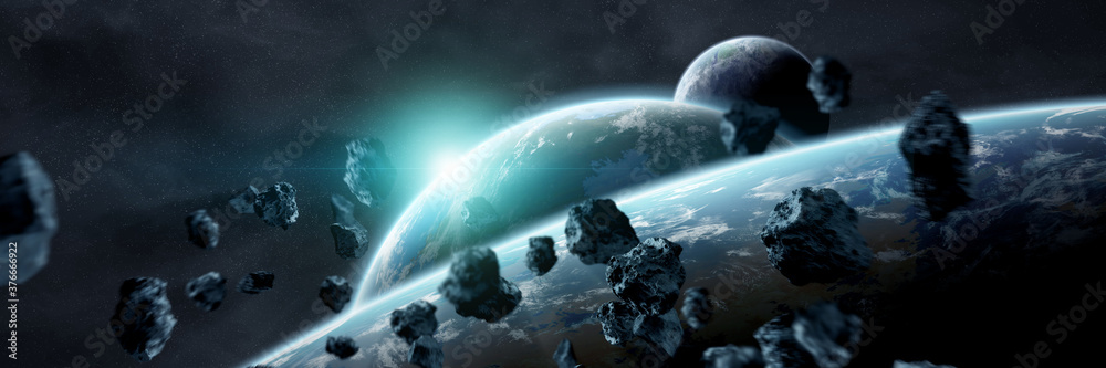 Sticker panoramic space planets background. panorama of distant solar system with exoplanets 3d rendering el