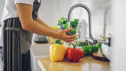 Close Up Shot of a Man Washing Green Spinach Leaves with Tap Water. Authentic Stylish Kitchen with Healthy Vegetables. Natural Clean Products from Organic Farming Washed by Hand.