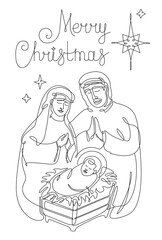 Continuous line drawing of The birth of Jesus Christ. Holy family figures Mary, Joseph and baby Jesus. Template for greeting cards.