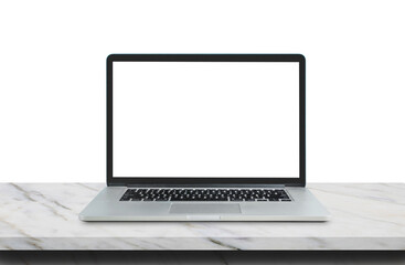 Laptop with white blank screen on marble table top in white background.