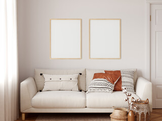 Frame & poster mockup in Boho style interior. 3d rendering, 3d illustration
