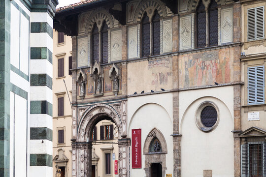 FLORENCE, ITALY - NOVEMBER 4, 2016: house of Museum of Bigallo in Loggia del Bigallo on Piazza del Duomo in Florence. The Loggia of Bigallo was built in1352-1358 for Compagnia della Misericordia