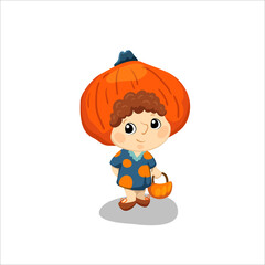 Cute kid in Halloween costume, vector character isolated on white background. Pretty little girl dressed for Halloween