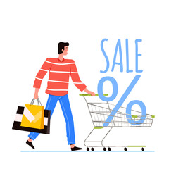 Young man shopping with paper bags and discount trolley. Sale concept