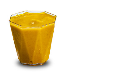 Container with mustard sauce on white background.  
