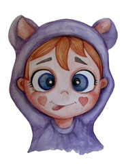 Naklejka premium A cute and funny baby in the hood of a cozy purple kigurumi pajamas - with funny ears. Watercolor hand drawing. Childrens collection. Cute illustration. isolate on white background