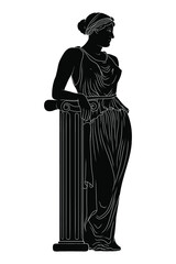 A young beautiful slender ancient Greek woman in a tunic stands near a marble column and looks away.