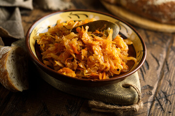 Traditional homemade cabbage stew with bay leaf