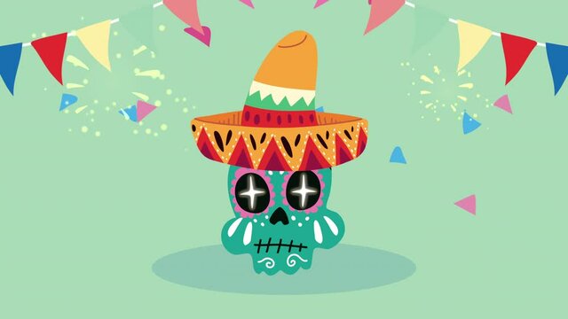 mexico celebration animation with skull painted wearing maricahi hat