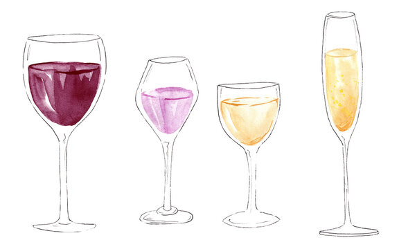 Watercolor set of glasses of champagne and red and white wine isolated on white background for postcard, logo, invitations, greeting cards, business card. Aquarelle bar menu