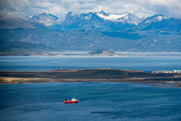 Argentina, Patagonia, City of Ushuaia, scenic view on the Harbour and mountain