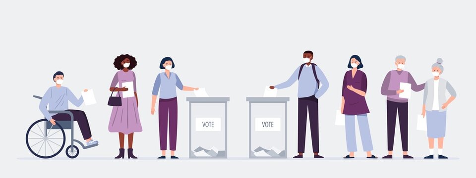 Voters in masks casting ballots at the polling place. Men and women putting paper ballots to election box. Election during a pandemic. Vector flat illustration. 