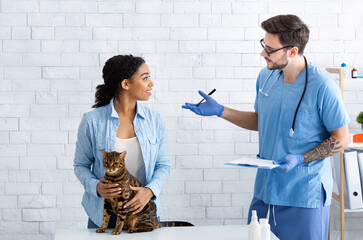 Cat owner with pet communicating to male veterinarian at medical office