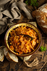Traditional homemade cabbage stew with bay leaf