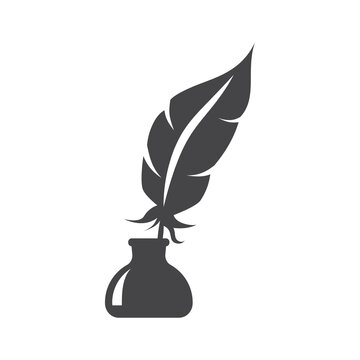 Bird feather in inkwell black vector icon. Quill pen in ink stand or well glyph symbol.